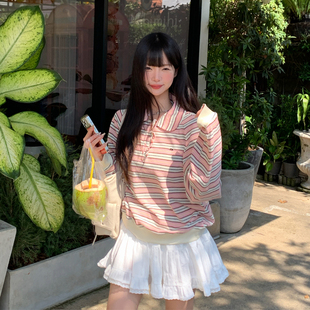 上衣女 Polo衫 ANA宝藏珍妮 26春夏韩系休闲慵懒宽松条纹娃娃领长袖