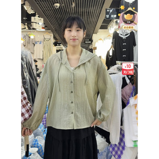 天丝85%连帽系扣宽松休闲衬衫 2025夏季 新款 罩衫 大码 韩国代购 女装