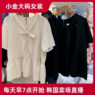 大码 2025夏季 韩国代购 女装 新款 韩裙摆拼接蝴蝶结飘带甜美温柔衬衫