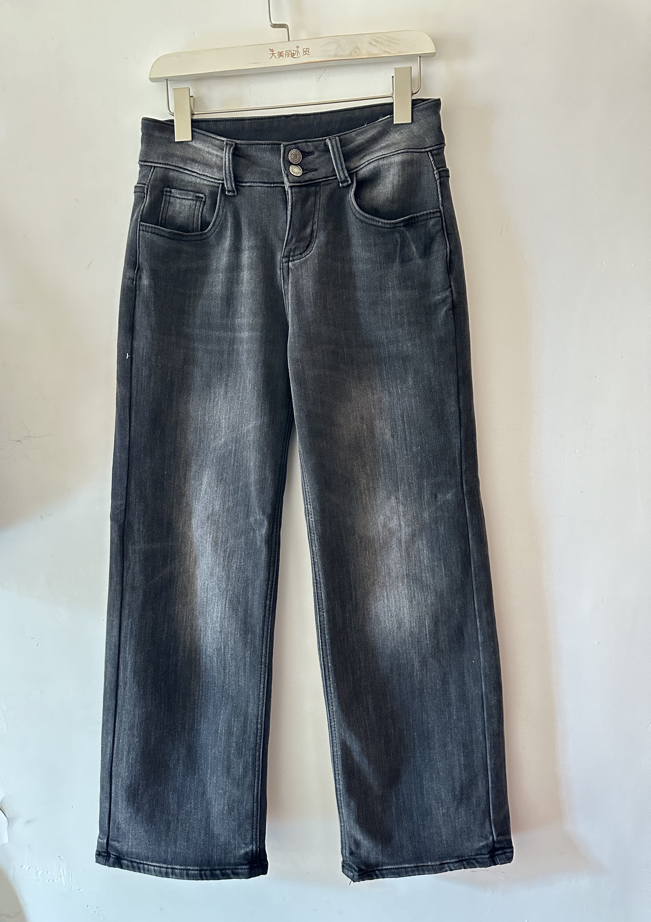 清* ykk拉链 窄版弹力小直筒 水洗灰色加绒牛仔裤 中低腰复古冬季