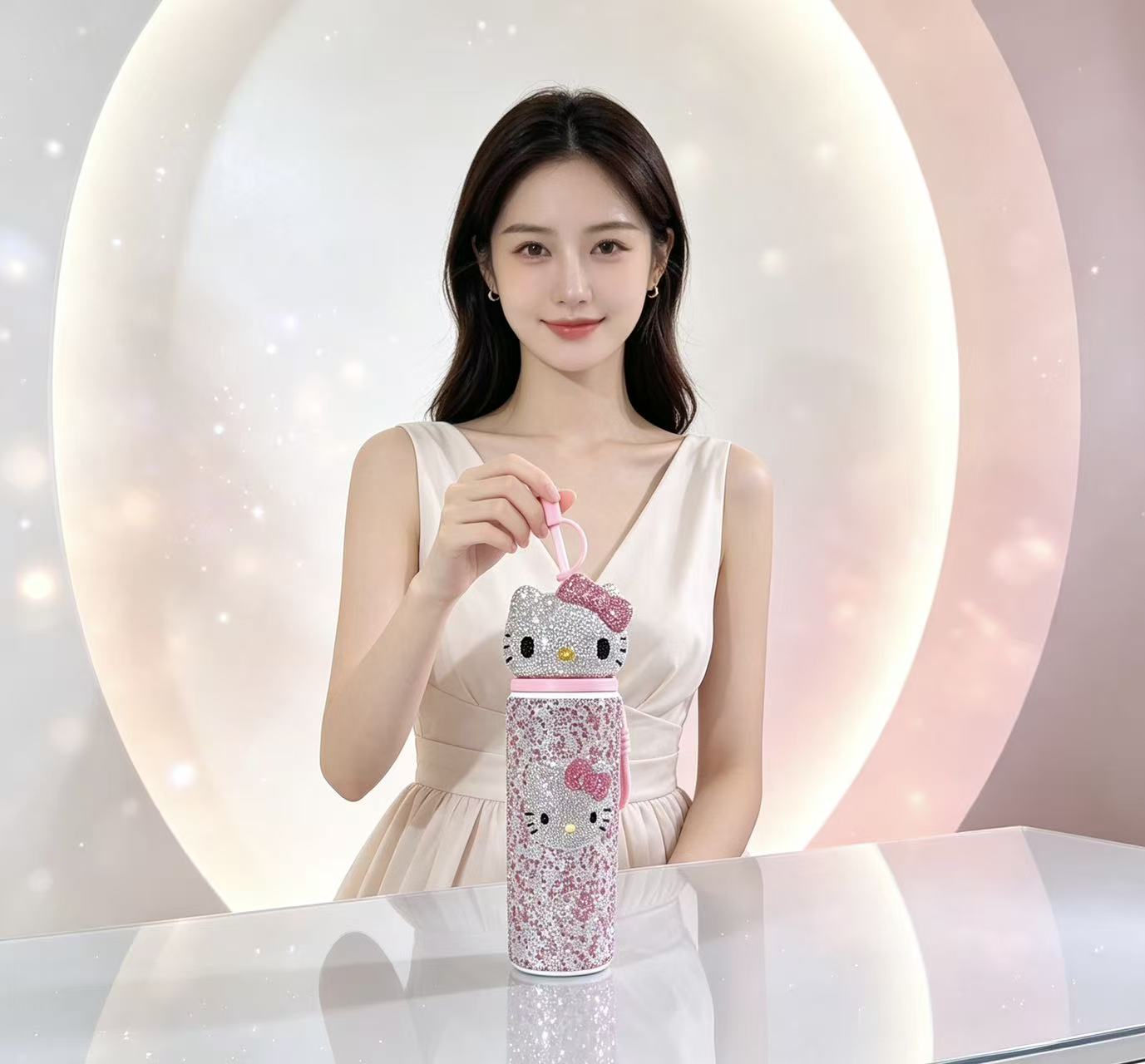 HelloKitty保温杯镶钻水杯车载便携水杯不锈钢保温杯镶钻水钻爱心