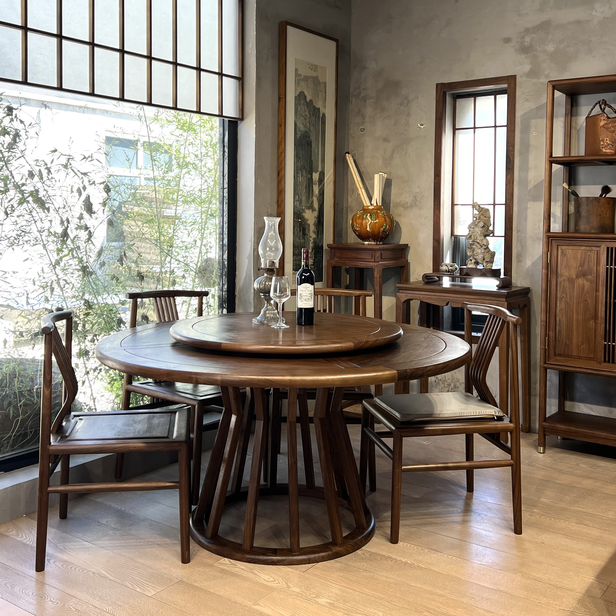 乐木新中式禅意黑胡桃实木圆桌餐桌简约家用餐厅家具工厂店铺定制