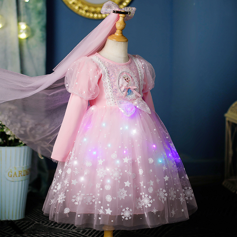 女童艾莎公主连衣裙春秋新款儿童宝宝生日小女孩夏季蓬蓬发光裙子