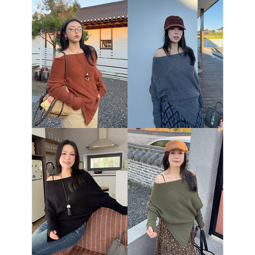 VOGANA戛纳家大码女装胖mm温柔休闲毛衣200斤显瘦一字肩针织衫秋