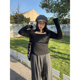 VOGANA戛纳家大码女装法式御姐性感显瘦斜方领弹力棉t恤打底衫