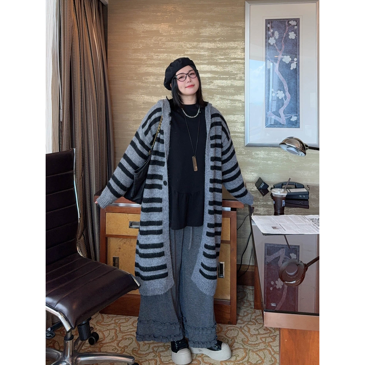 【10/9晚八点开售】慵懒格调宽松显瘦羊毛针织连帽条纹毛衣开衫