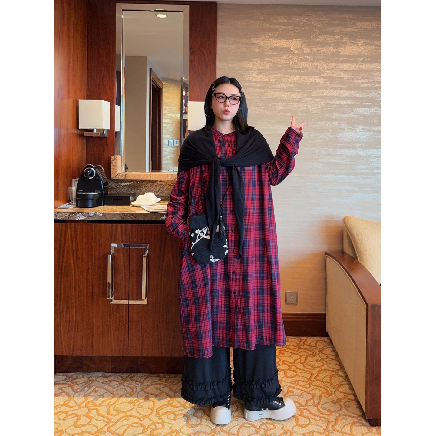 VOGANA戛纳家大码女装韩女森系复古格纹裙子秋宽松显瘦遮肉连衣裙