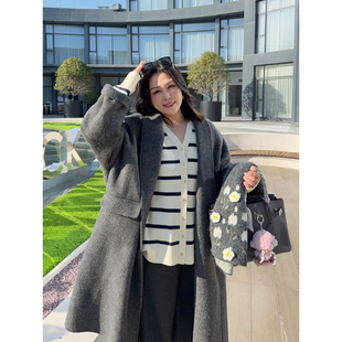 显瘦长款 韩版 牦牛绒加厚双面羊毛呢大衣外套 女装 VOGANA戛纳家大码