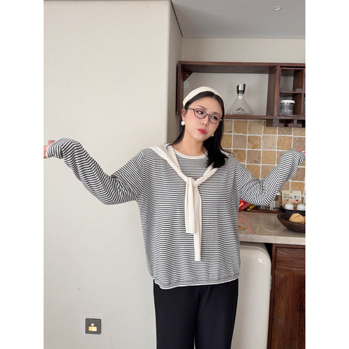 VOGANA戛纳家大码女装固定假两件披肩条纹上衣绵羊毛桑蚕丝针织衫