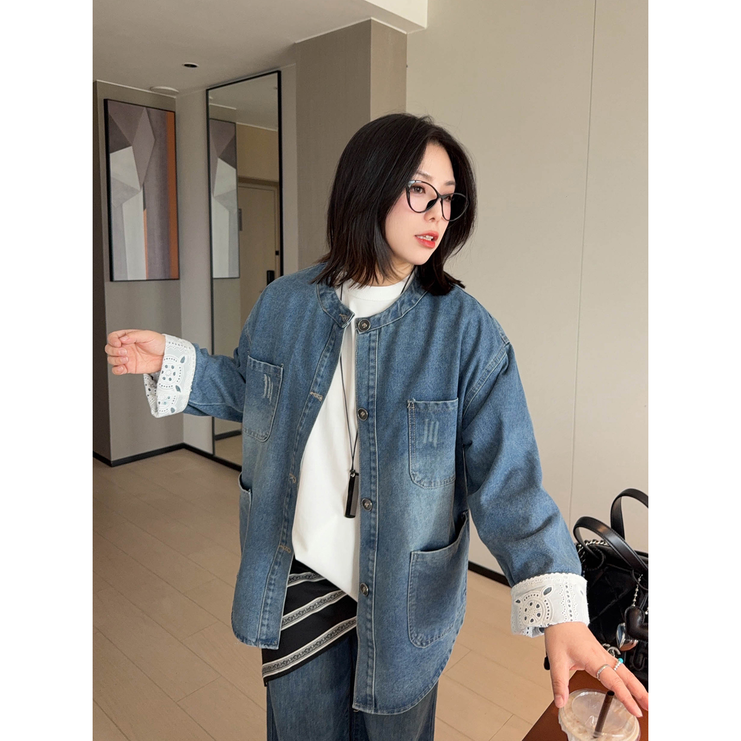 VOGANA戛纳家大码女装首尔假日韩系欧尼日常休闲蕾丝拼接牛仔外套