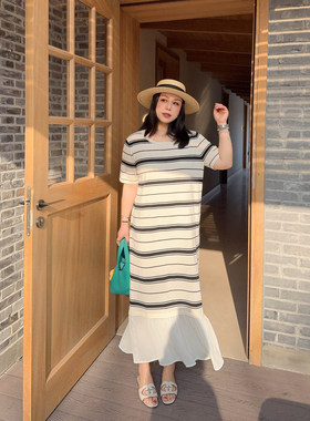 VOGANA戛纳家大码女装韩调ins风荷叶边拼接条纹t恤裙显瘦连衣裙夏