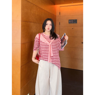 VOGANA戛纳家大码女装航海减龄披肩条纹上衣夏宽松显瘦薄款针织衫