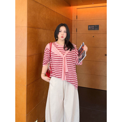 VOGANA戛纳家大码女装航海减龄披肩条纹上衣夏宽松显瘦薄款针织衫