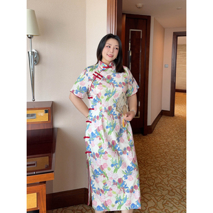 VOGANA戛纳家大码女装千金书卷气新中式国风旗袍收腰A字连衣裙夏