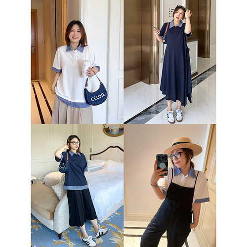 t恤连衣裙假两件Polo领收腰A字裙