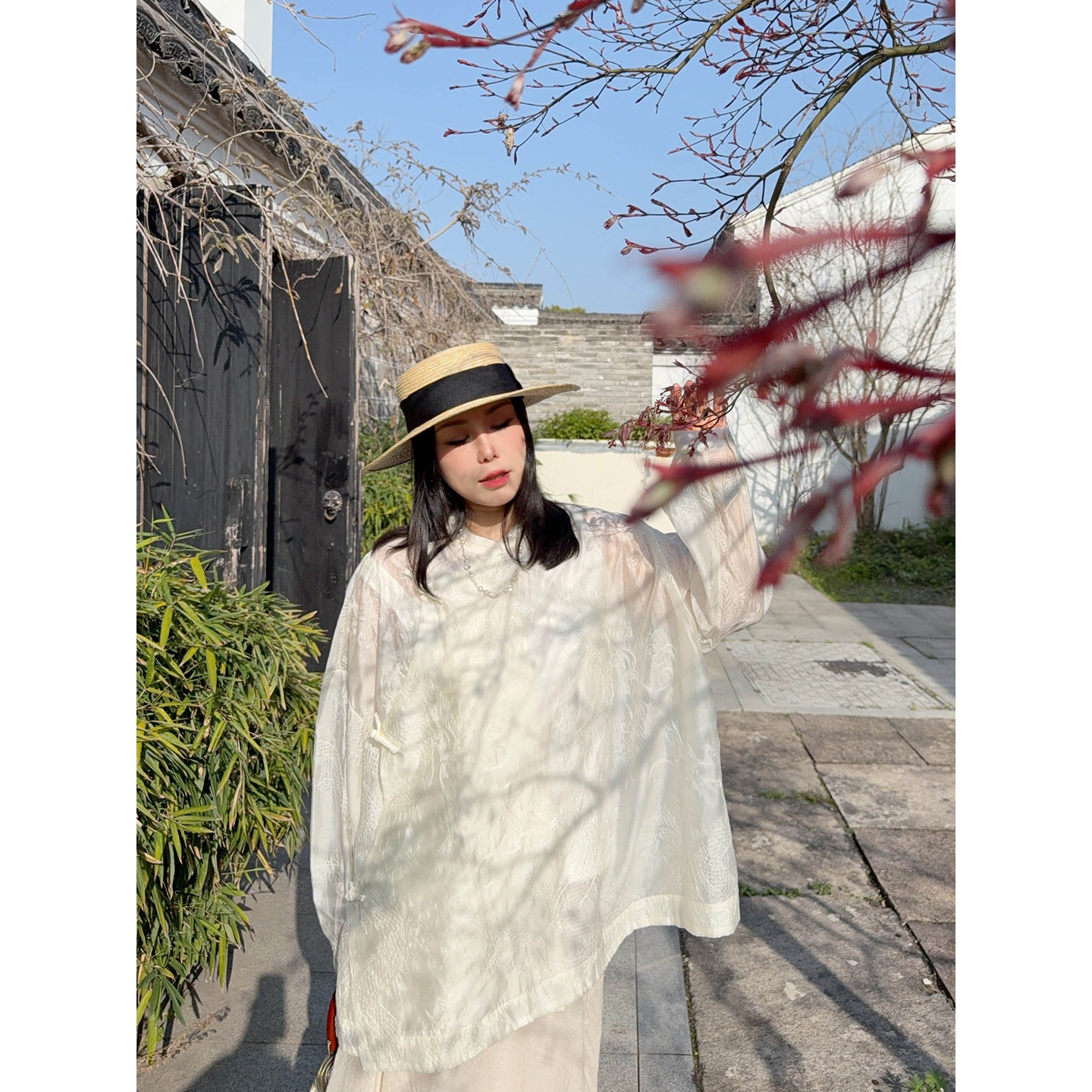 VOGANA戛纳家大码女装春日薄纱柔滑宽松显瘦性感透视新中式上衣