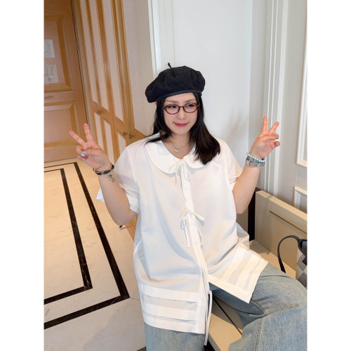 VOGANA戛纳家大码女装韩版减龄甜美蝴蝶结乖巧娃娃领宽松显瘦衬衫
