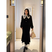 VOGANA戛纳家大码 女装 优雅气质减龄蕾丝娃娃领收腰鱼尾丝绒连衣裙