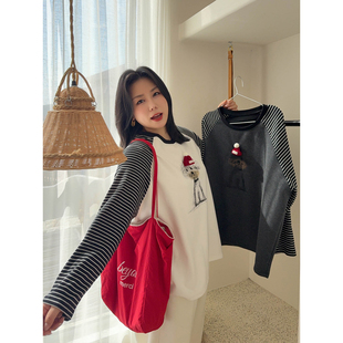 VOGANA戛纳家大码女装减龄韩系立体装饰条纹拼接宽松长袖棉t恤