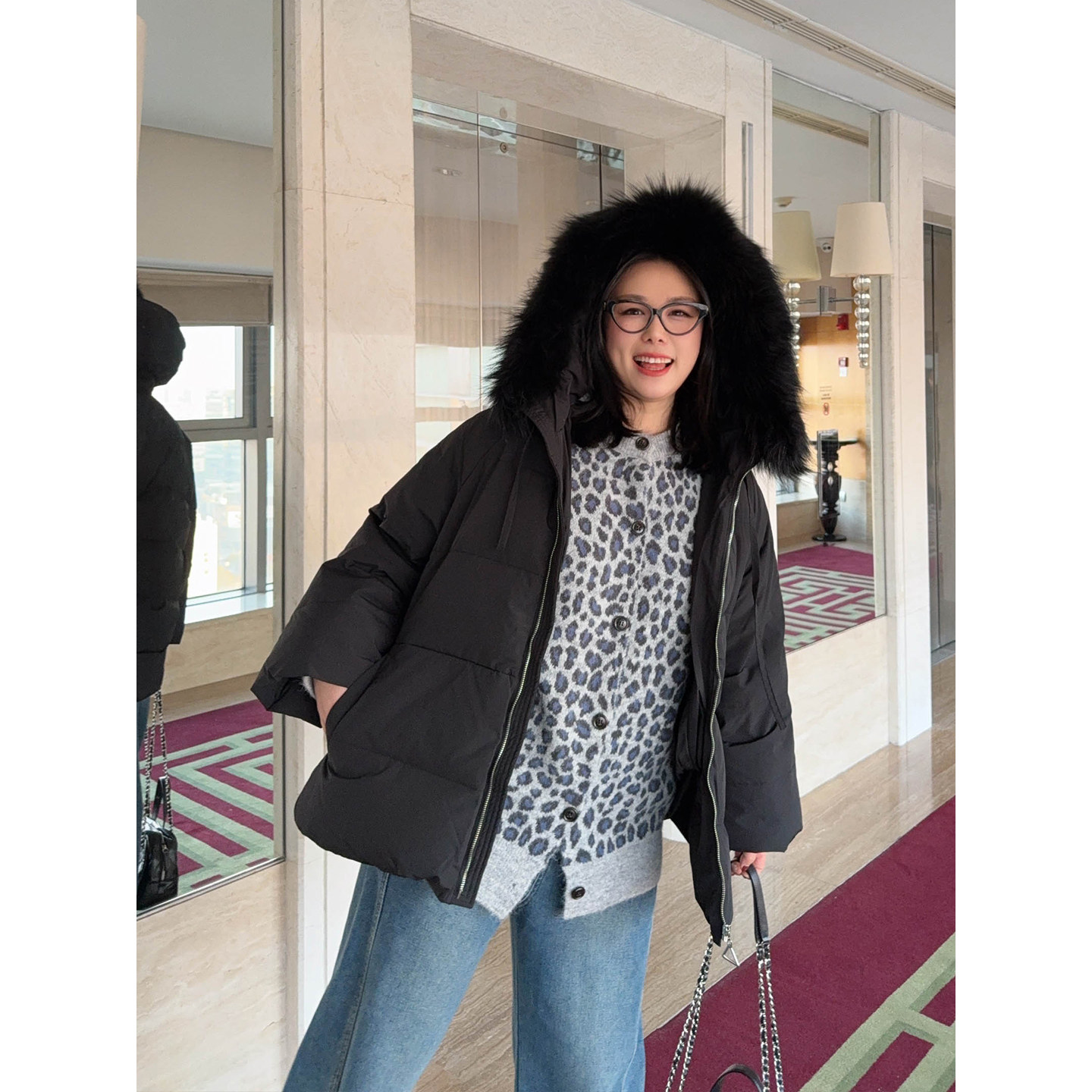 VOGANA戛纳家大码女装棉花糖羽绒服冬宽松保暖真貉子大宽毛领外套