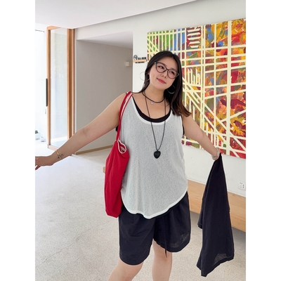 VOGANA戛纳家大码女装夏日叠叠乐混搭固定假两件弹力纱麻透气背心