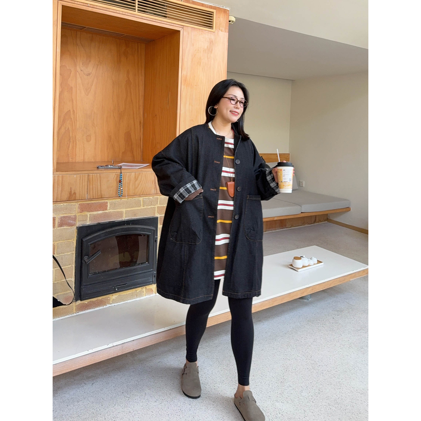 VOGANA戛纳家大码女装港风丹宁重工水洗时髦休闲宽松中长牛仔外套