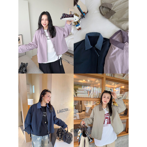 VOGANA戛纳家大码女装美式复古灯芯绒拼接工装夹克宽松休闲外套