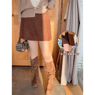 VOGANA戛纳家大码女装高街腔调复古美拉德麂皮绒防走光假两件裙裤
