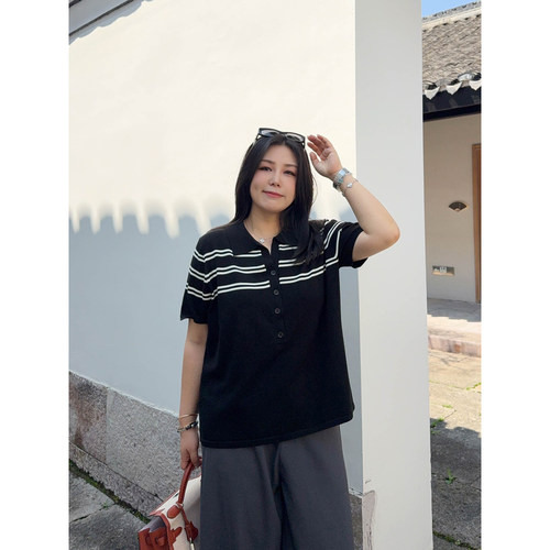 VOGANA戛纳家大码女装智性休闲老钱风短袖夏条纹polo衫薄针织上衣