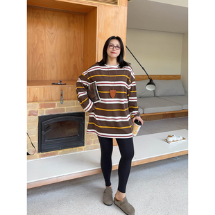 条纹棉t恤 时髦girl休闲上衣秋冬宽松长袖 VOGANA戛纳家大码 女装