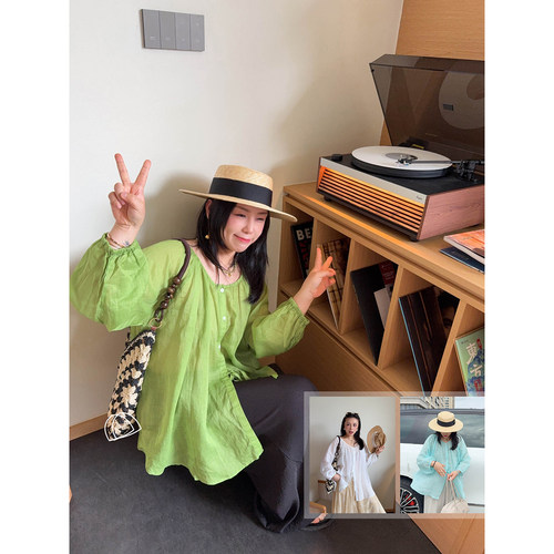 VOGANA戛纳家大码女装入夏浪漫100苎麻肌理泡泡袖宽松防晒衬衫