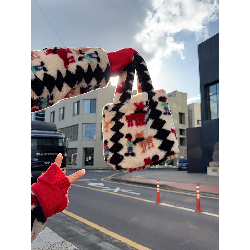 VOGANA戛纳家大码女装羊羔毛菜篮子冬麋鹿费尔岛日常百搭手挎包包,箱包皮具/热销女包/男包,时尚帆布包,淘宝优惠券,粉丝福利购,淘宝优惠卷