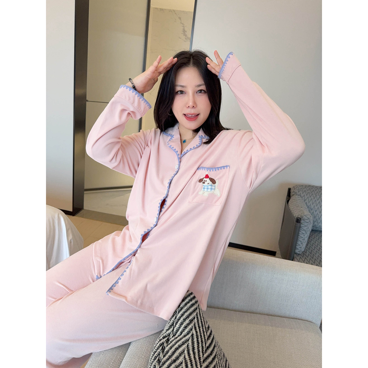 VOGANA戛纳家大码女装温暖加厚珊瑚绒减龄宅家睡衣冬两件套家居服