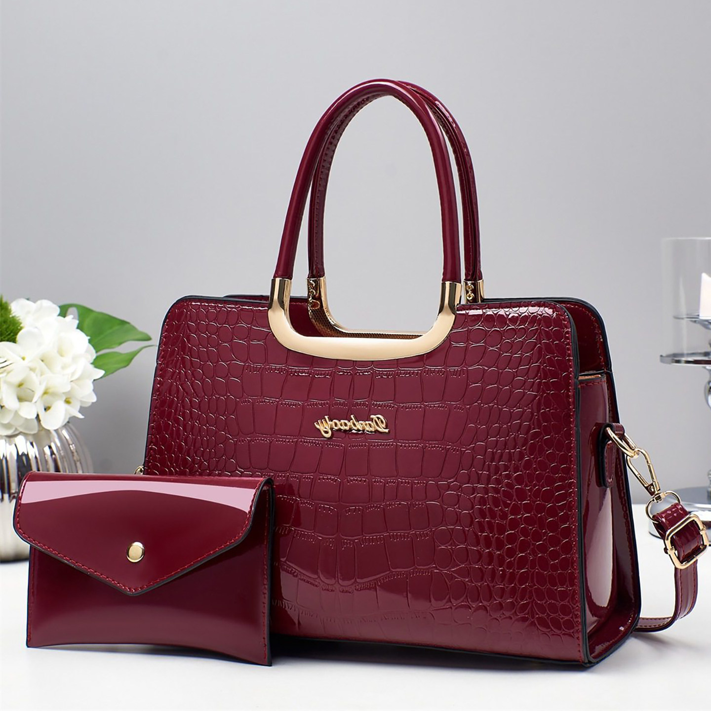 女包拉链手提包2026新款时尚鳄鱼纹子母包带零钱包漆皮亮面斜挎包