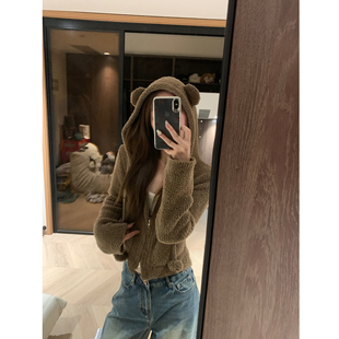 毛衣 ASHENONLINE小熊软糖 可爱搞怪短款 针织衫 女秋卡其色连帽开衫