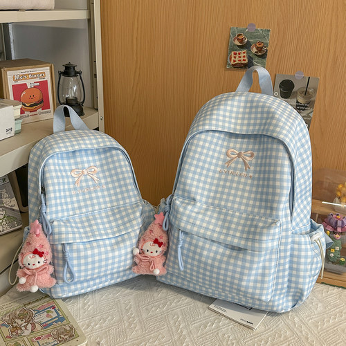 日系甜美格子大容量学生双肩包
