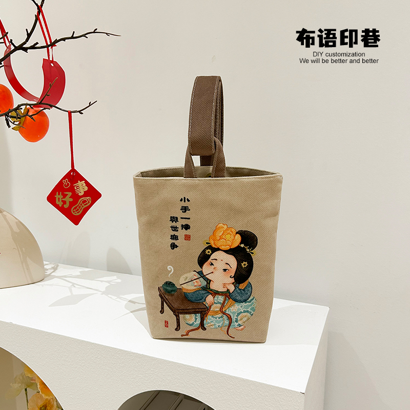 中国风仕女手提水桶包小布袋