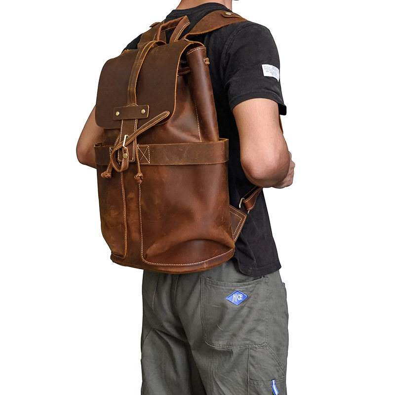 原创复古疯马皮大容量学院风书包