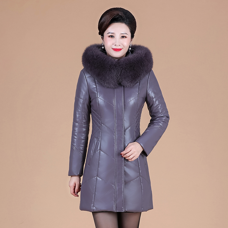 妈妈装白鸭绒真皮羽绒服狐狸毛领