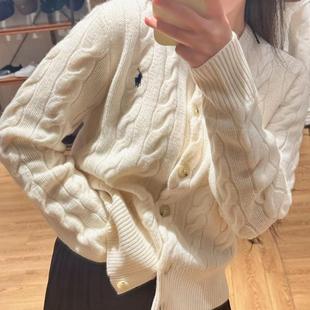 100%纯羊毛针织开衫 潮 女秋冬麻花亲夫毛衣外套宽松小马刺绣羊毛衫