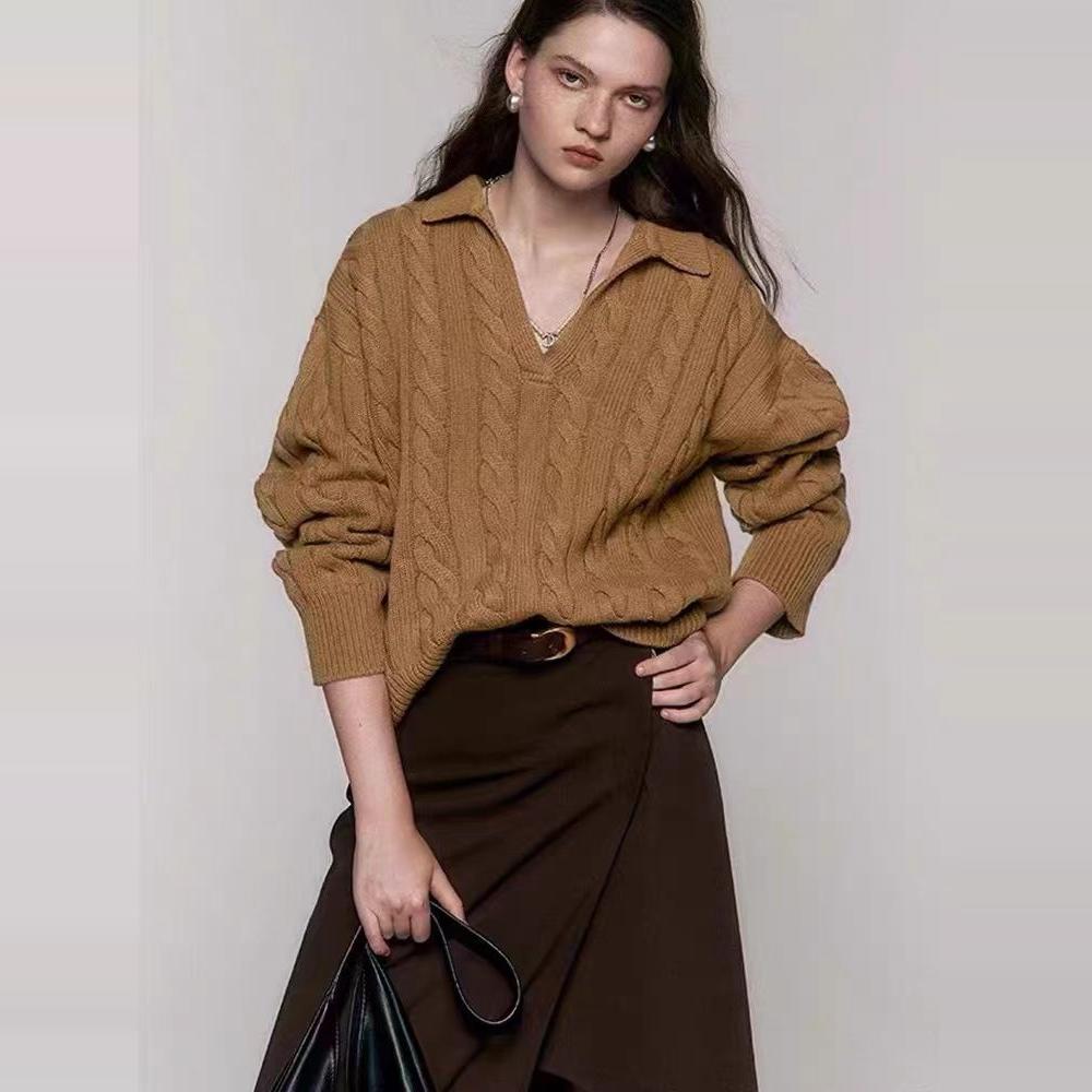 法式复古绞花V领纯100%羊毛针织毛衣女加厚宽松套头麻花打底衫外