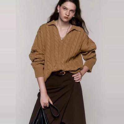 法式复古绞花V领纯100%羊毛针织毛衣女加厚宽松套头麻花打底衫外