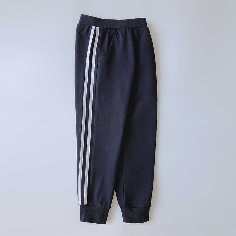 儿童藏蓝色校服运动裤春秋冬款男童女童白色杠条长裤小学生班服裤