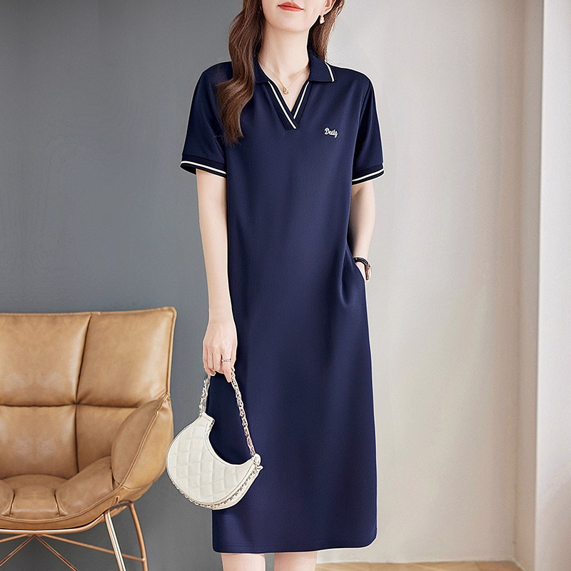 翻领短袖连衣裙女2025夏季新款妈妈中长款直筒裙大码宽松休闲裙子