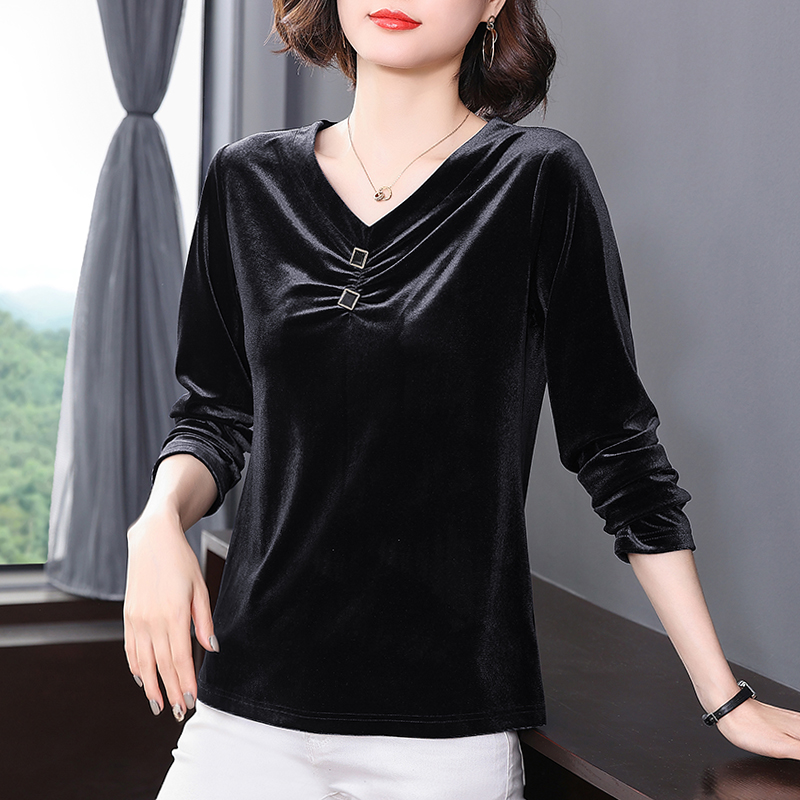 金丝绒上衣女装长袖t恤v领打底衫