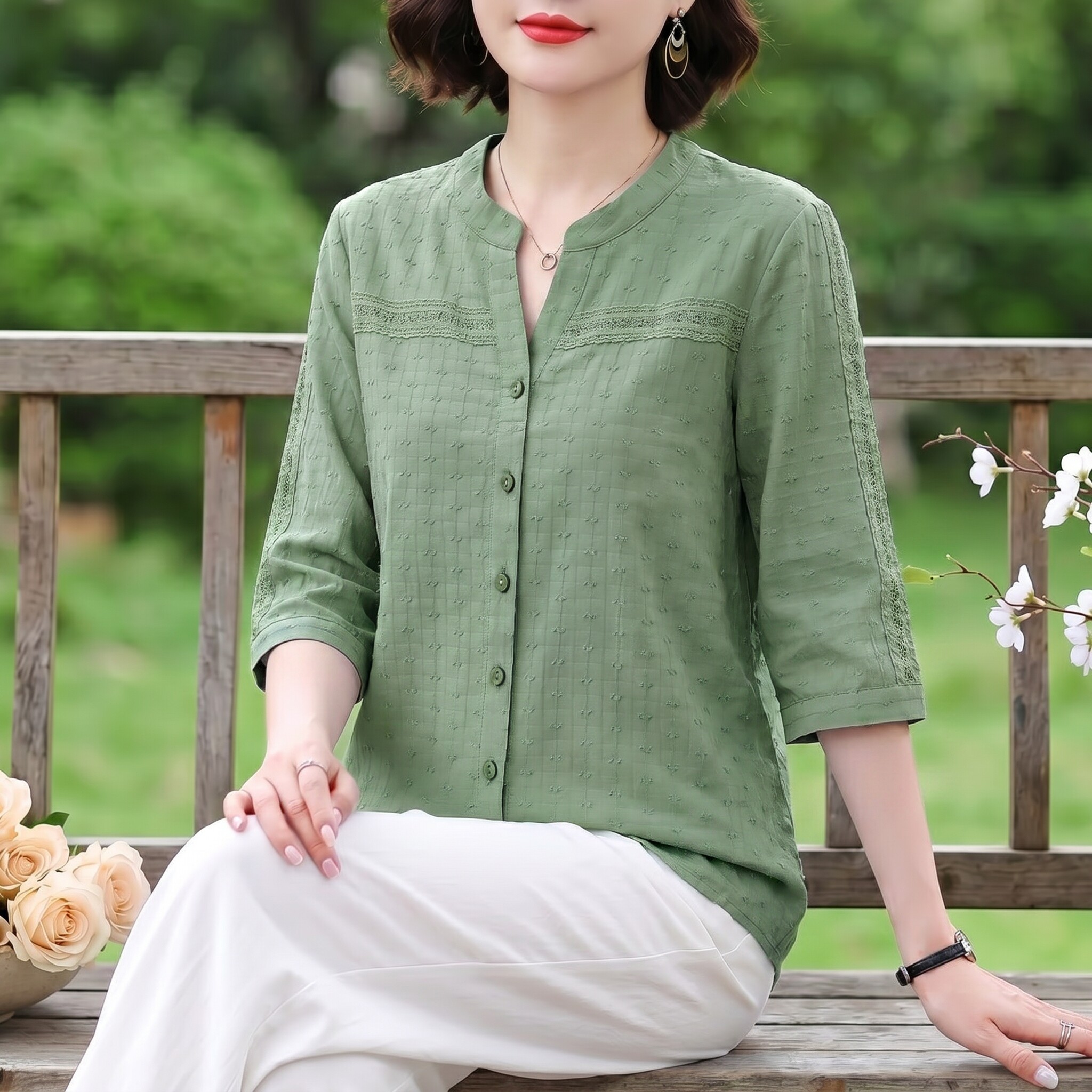 纯棉中袖衬衫女夏装新款洋气v领中长款上衣大码七分袖女士衬衣服