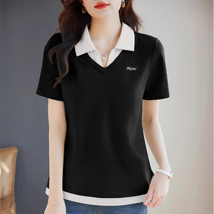 t恤女装 大码 夏季 妈妈polo体恤衫 胖mm宽松遮肚子上衣 新款 黑色短袖