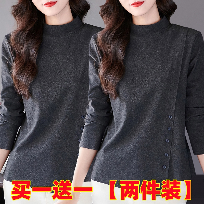 单/两件装德绒打底衫女秋冬新款不规则长袖t恤大码半高领保暖上衣