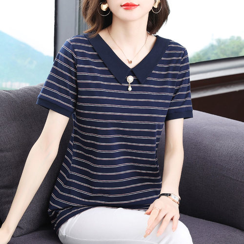 纯棉短袖t恤女妈妈条纹翻领上衣