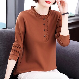 t恤大码 纯棉打底衫 洋气妈妈长袖 2025春秋新款 百搭女士上衣服 女装